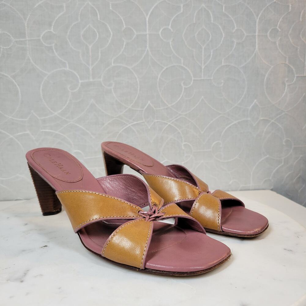 Cole Haan Womens Leather Slip On Heels 7B Tan Mauve Cross Straps Open Toe